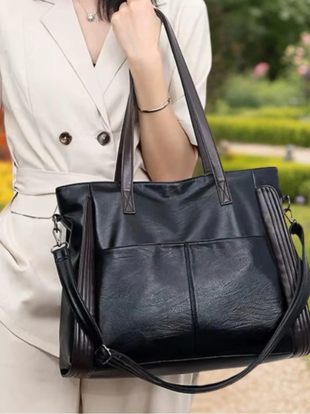 Structured Black Leather Tote with Detachable Strap